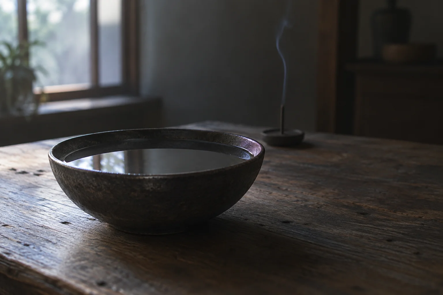 薄暗い部屋で水を張った無地の器と朝の光